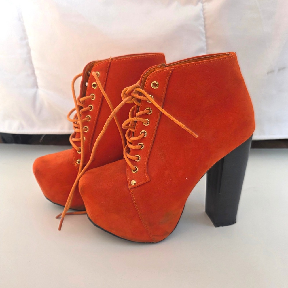 Women's‎ Orange Suede Lace Up Platform Chunky Heel Ankle Boots Size 6